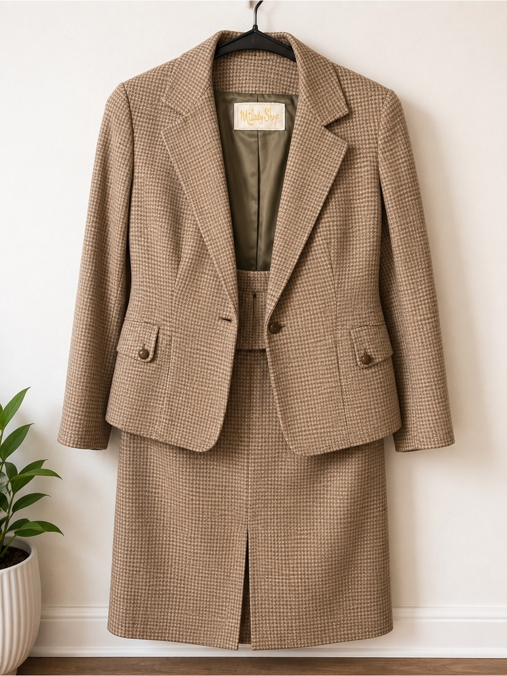 Tailored A-Line Skirt in Tan Houndstooth by